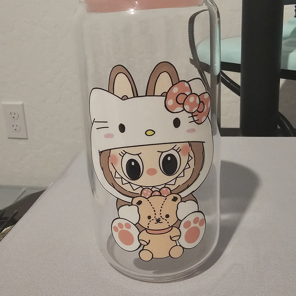 Labubu 16 Oz Glass Cup With Bling Lid